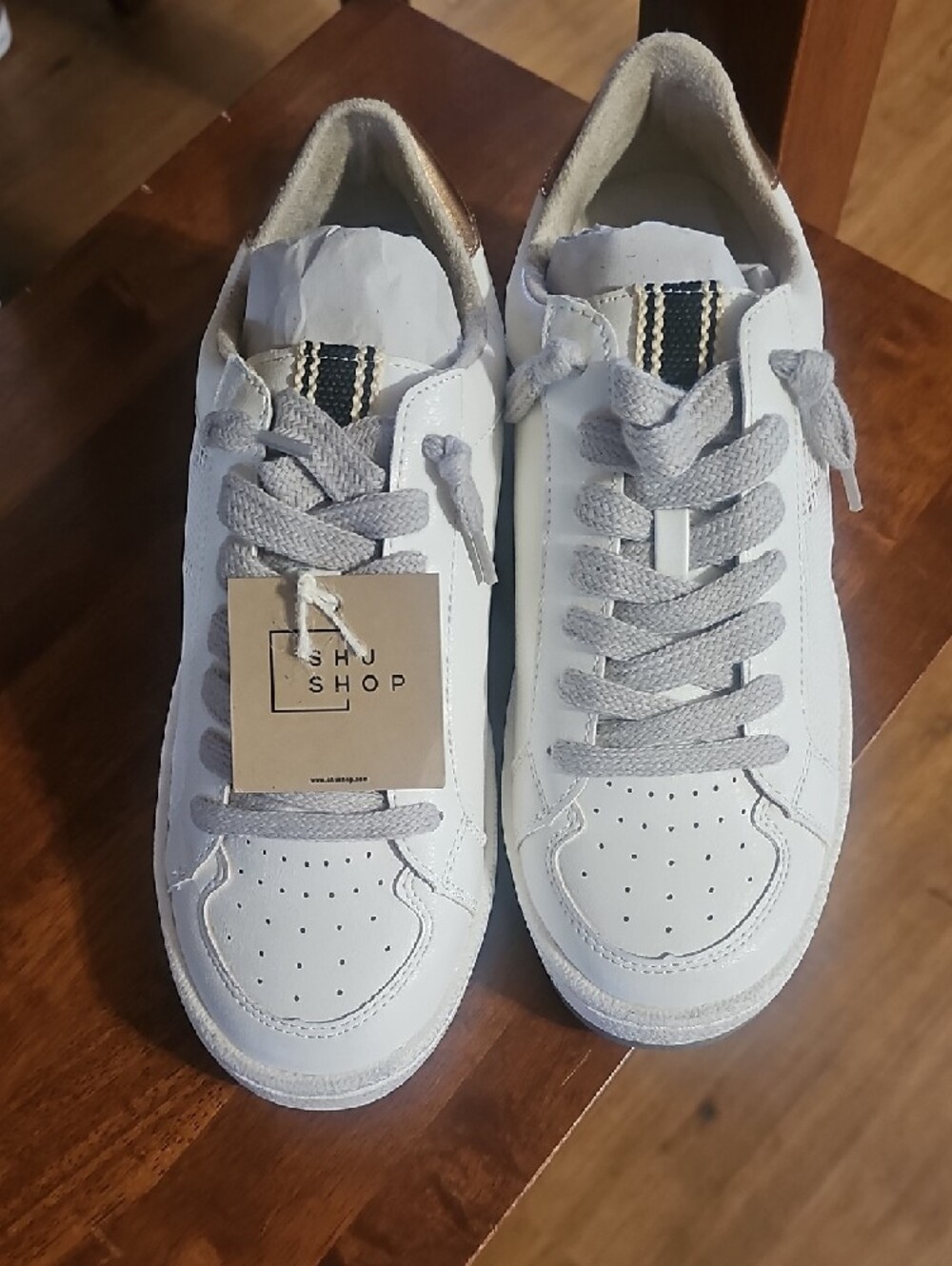 ShuShop White Sneakers with Rose Gold Heel & Leopard Laces - Picture 5 of 6